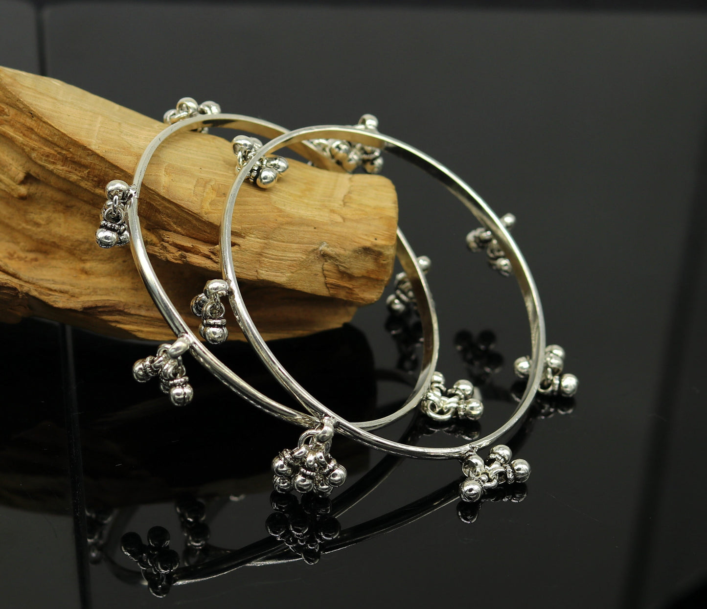 925 sterling silver handmade customized excellent hanging bells bridesmaid bangle bracelet kada , wedding personalized gifting jewelry ba91 - TRIBAL ORNAMENTS