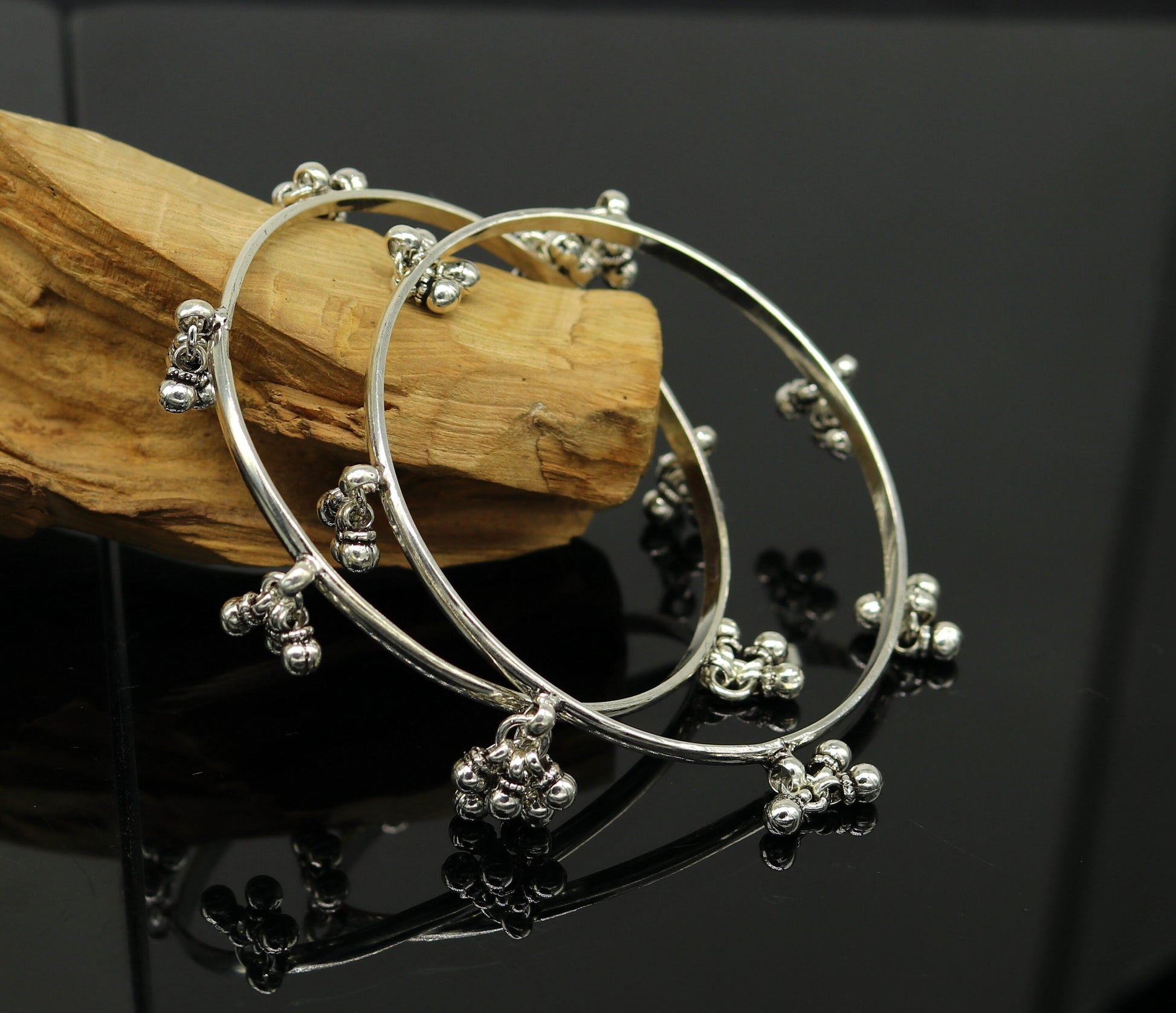 925 sterling silver handmade customized excellent hanging bells bridesmaid bangle bracelet kada , wedding personalized gifting jewelry ba91 - TRIBAL ORNAMENTS