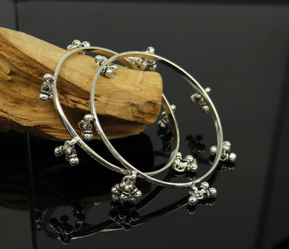 925 sterling silver handmade bridesmaid bangle with hanging bells, personalized tribal jewelry, perfect for wedding or gifting.