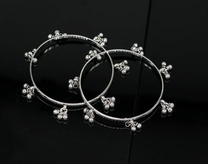Sterling silver bridesmaid bangle with hanging bells, handmade tribal jewelry, personalized wedding gift bracelet by TRIBAL ORNAMENTS.
