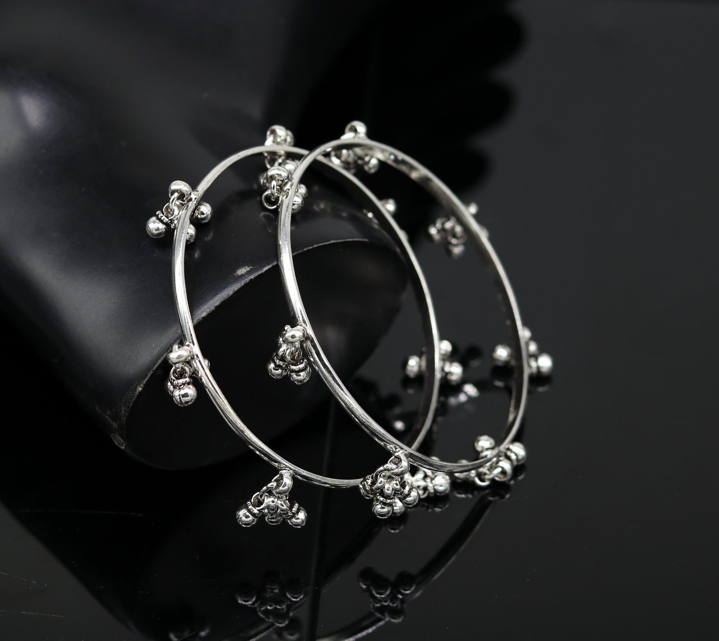 925 sterling silver handmade customized excellent hanging bells bridesmaid bangle bracelet kada , wedding personalized gifting jewelry ba91 - TRIBAL ORNAMENTS