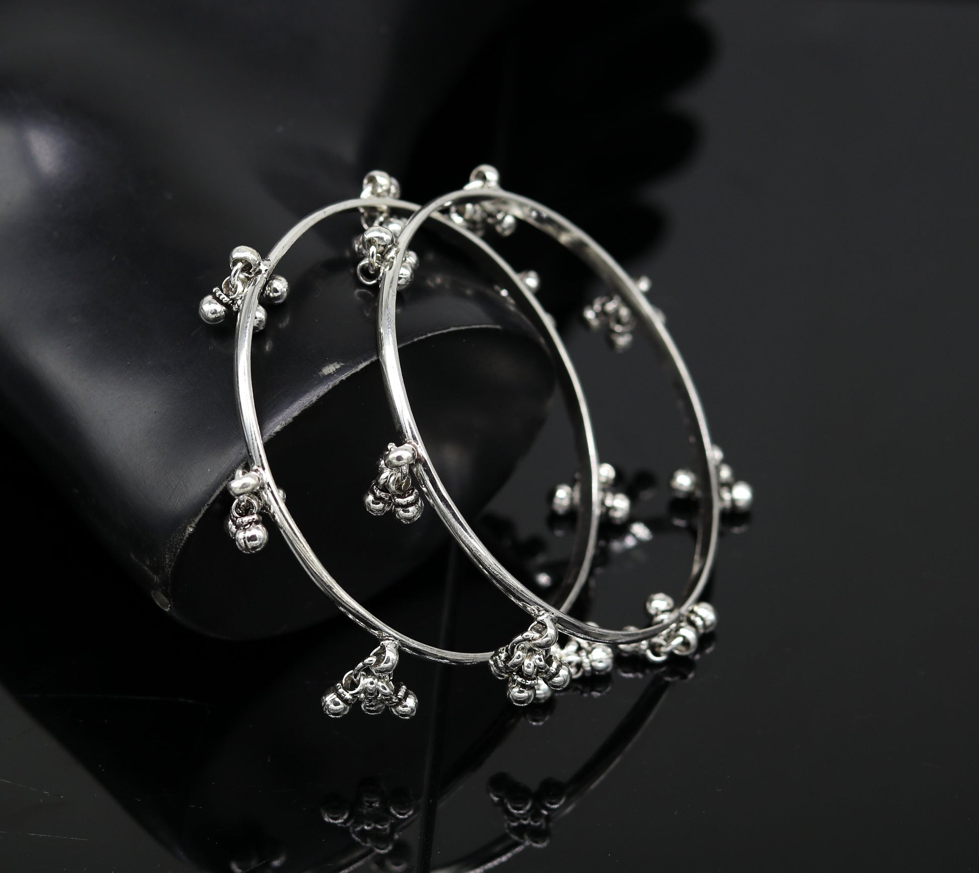 925 sterling silver handmade customized excellent hanging bells bridesmaid bangle bracelet kada , wedding personalized gifting jewelry ba91 - TRIBAL ORNAMENTS