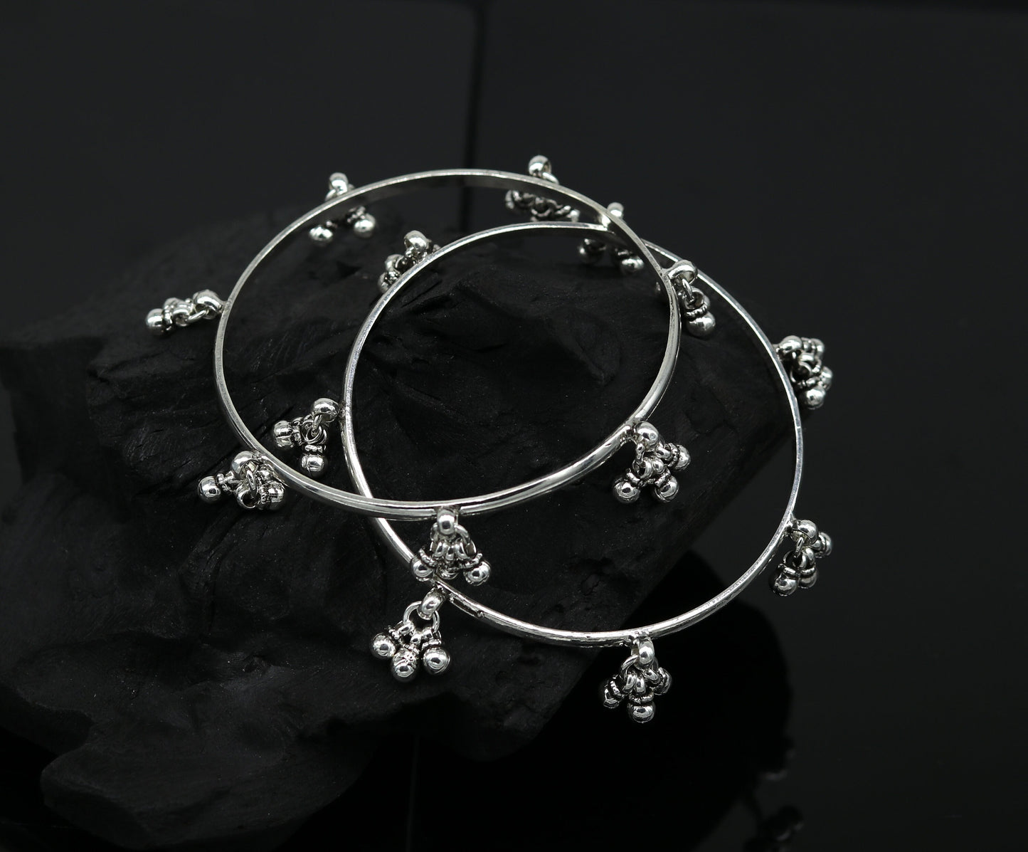 925 sterling silver handmade customized excellent hanging bells bridesmaid bangle bracelet kada , wedding personalized gifting jewelry ba91 - TRIBAL ORNAMENTS