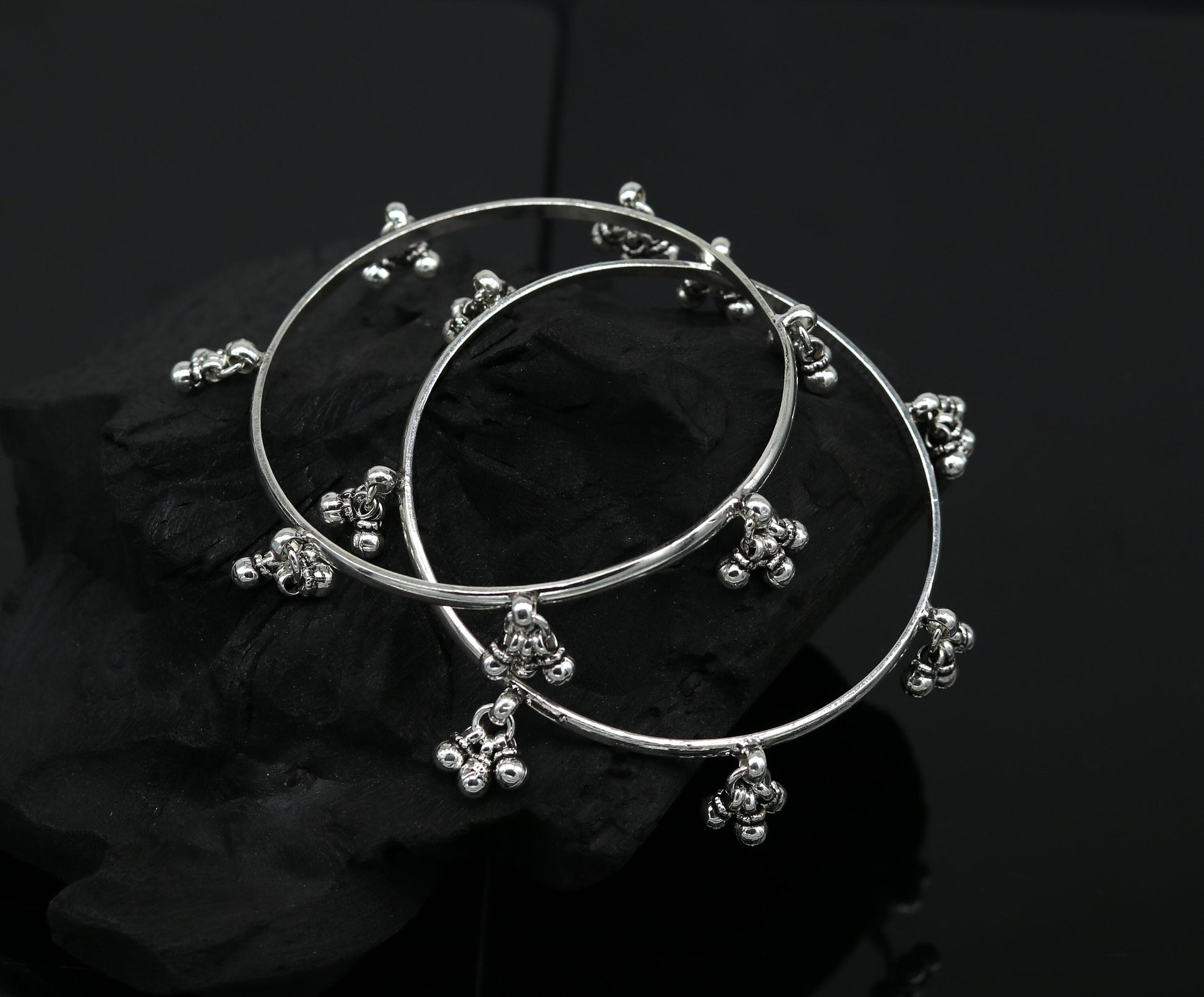 925 sterling silver handmade customized excellent hanging bells bridesmaid bangle bracelet kada , wedding personalized gifting jewelry ba91 - TRIBAL ORNAMENTS