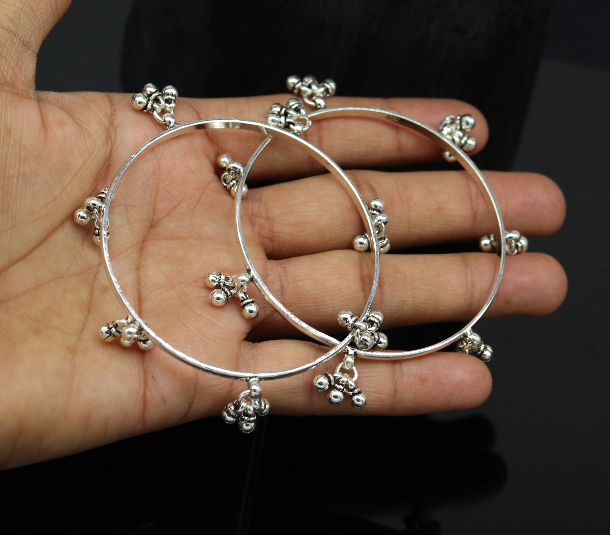 925 sterling silver handmade customized excellent hanging bells bridesmaid bangle bracelet kada , wedding personalized gifting jewelry ba91 - TRIBAL ORNAMENTS