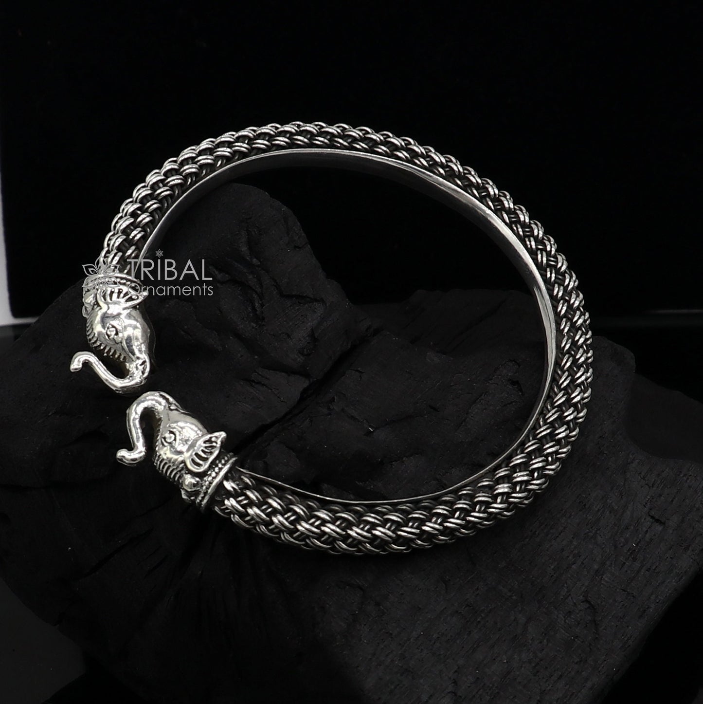 925 sterling silver tribal elephant design kada bracelet by Tribal Ornaments, traditional ethnic bangle with detailed elephant motif.