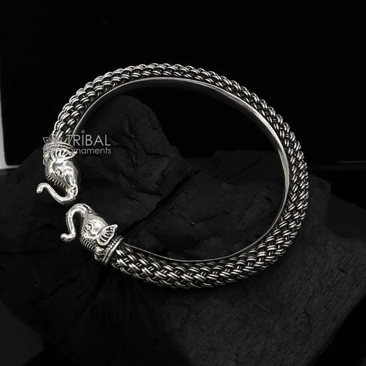 925 sterling silver tribal elephant design kada bracelet by Tribal Ornaments, traditional ethnic bangle with detailed elephant motif.