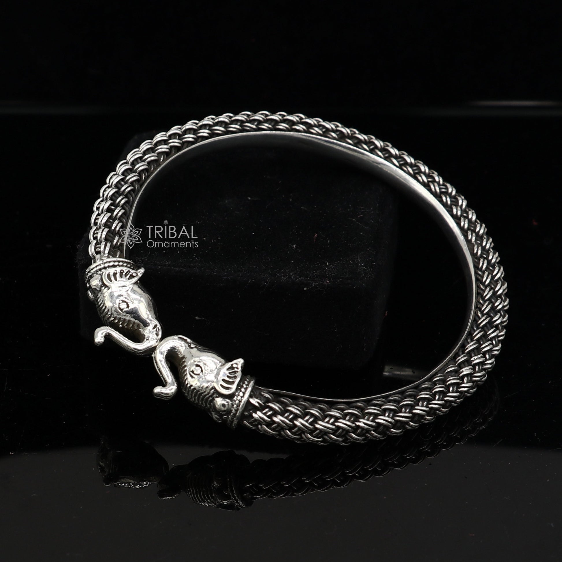 Sterling silver tribal elephant design ethnic kada bracelet, traditional tribal jewelry with intricate elephant motifs and trendy cuff style.