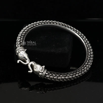 Sterling silver tribal elephant design ethnic kada bracelet, traditional tribal jewelry with intricate elephant motifs and trendy cuff style.