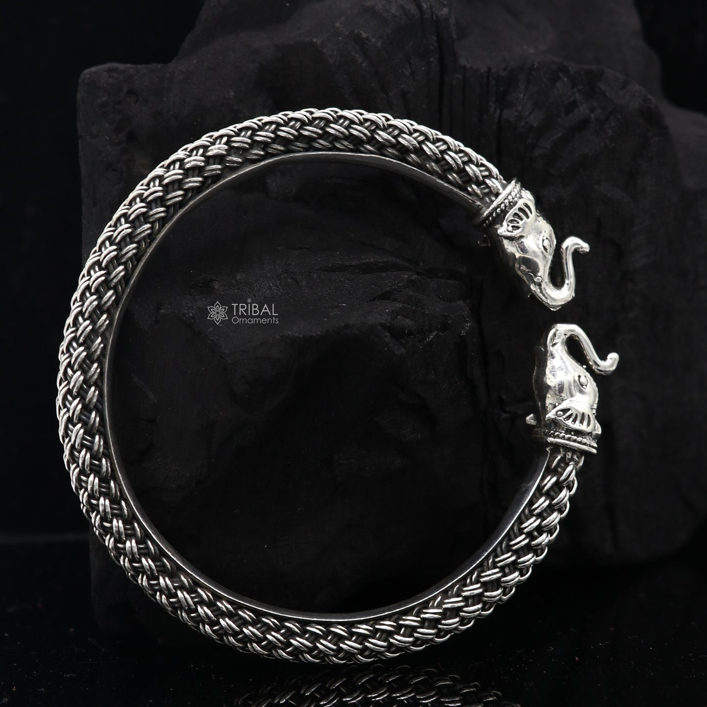 925 sterling silver traditional elephant design tribal kada bracelet, ethnic jewelry with intricate tribal motifs and trendy cuff style