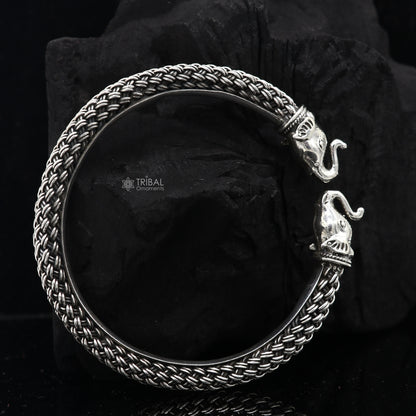 925 sterling silver traditional elephant design tribal kada bracelet, ethnic jewelry with intricate tribal motifs and trendy cuff style
