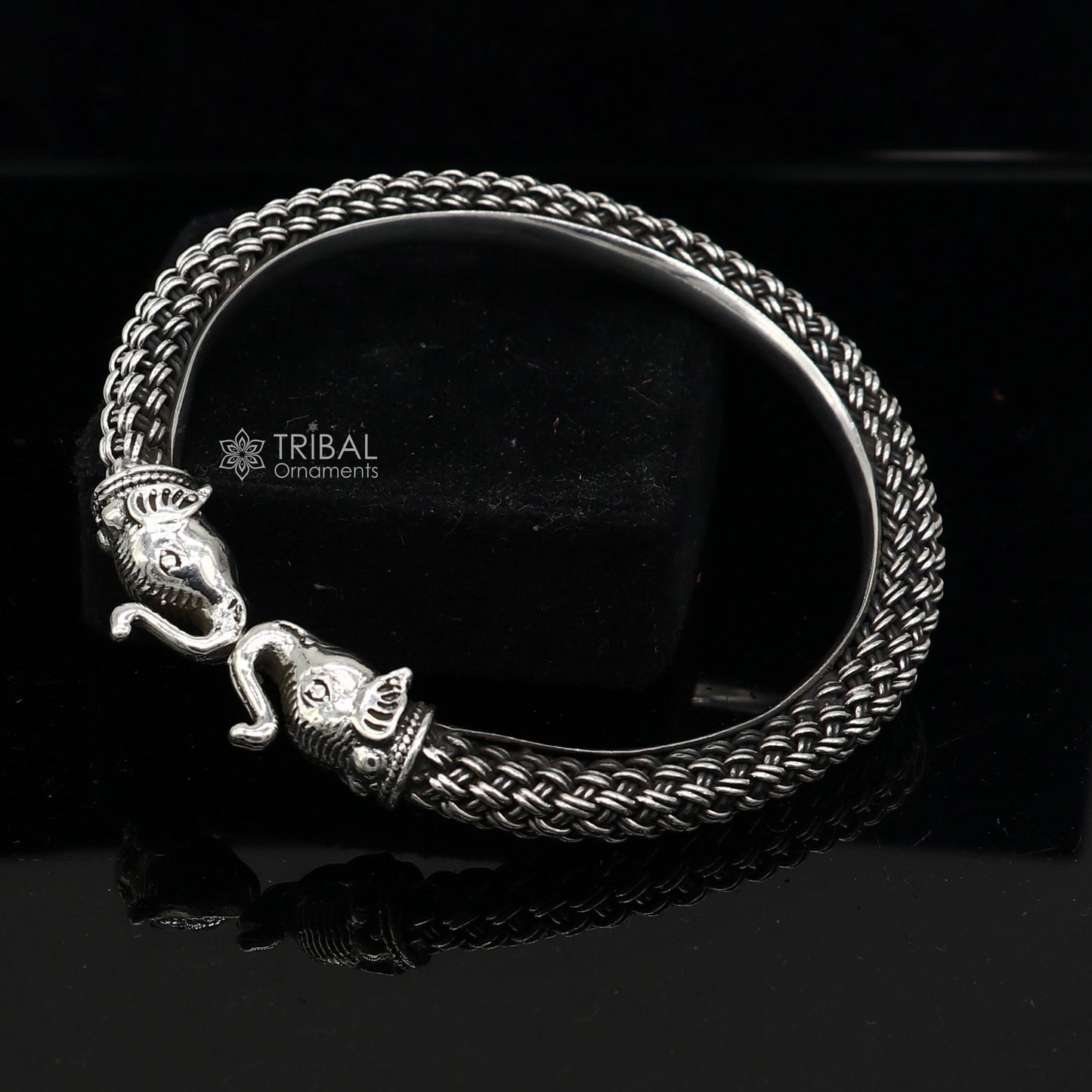 Sterling silver elephant design ethnic kada bracelet by Tribal Ornaments, featuring traditional tribal tribal jewelry style.