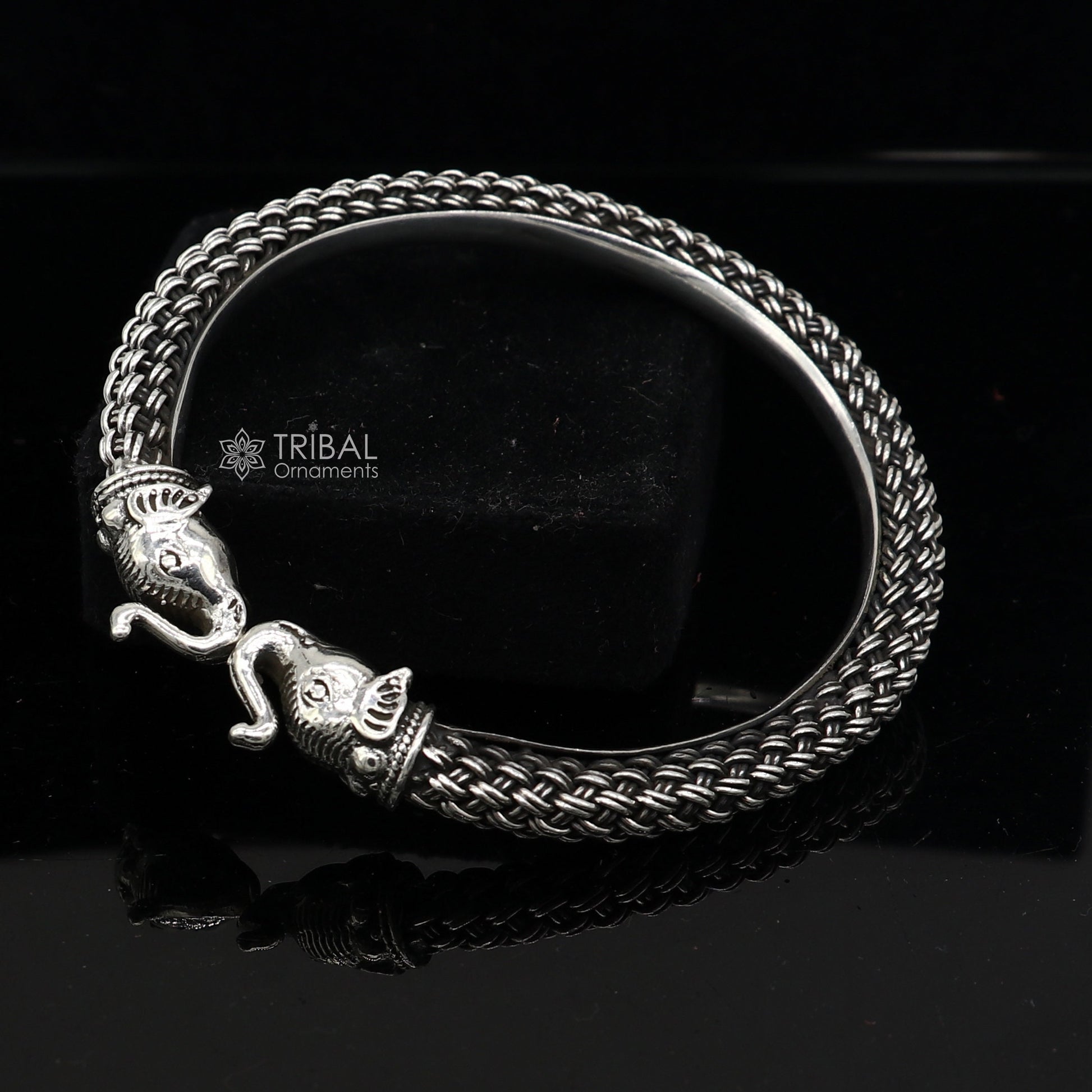 Sterling silver elephant design ethnic kada bracelet by Tribal Ornaments, featuring traditional tribal tribal jewelry style.