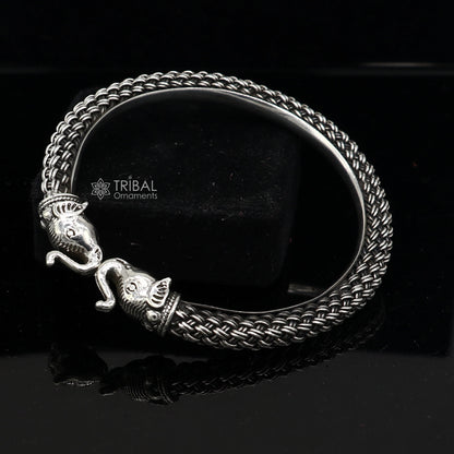 Sterling silver elephant design ethnic kada bracelet by Tribal Ornaments, featuring traditional tribal tribal jewelry style.