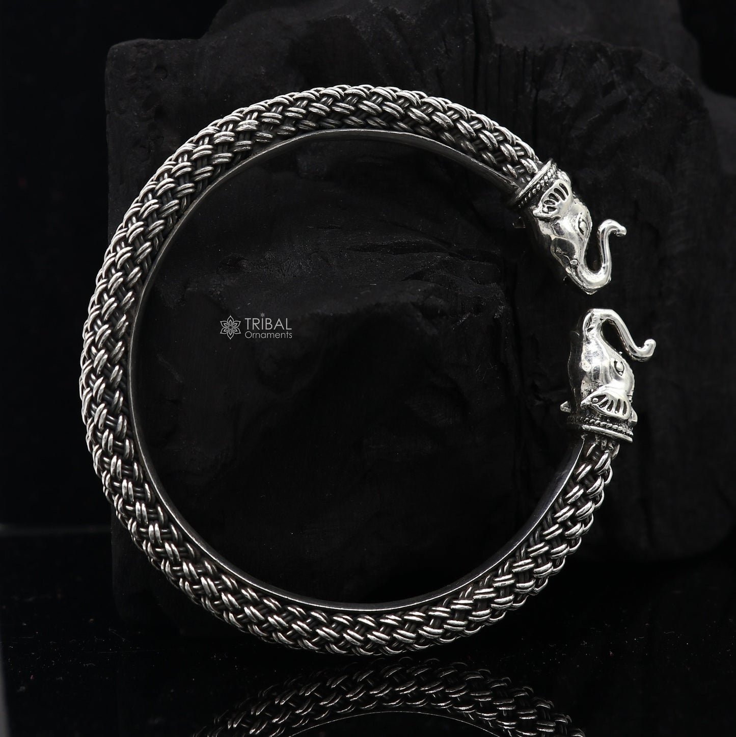 925 sterling silver traditional elephant design ethnic kada bracelet by Tribal Ornaments, featuring tribal-inspired tribal jewelry style.