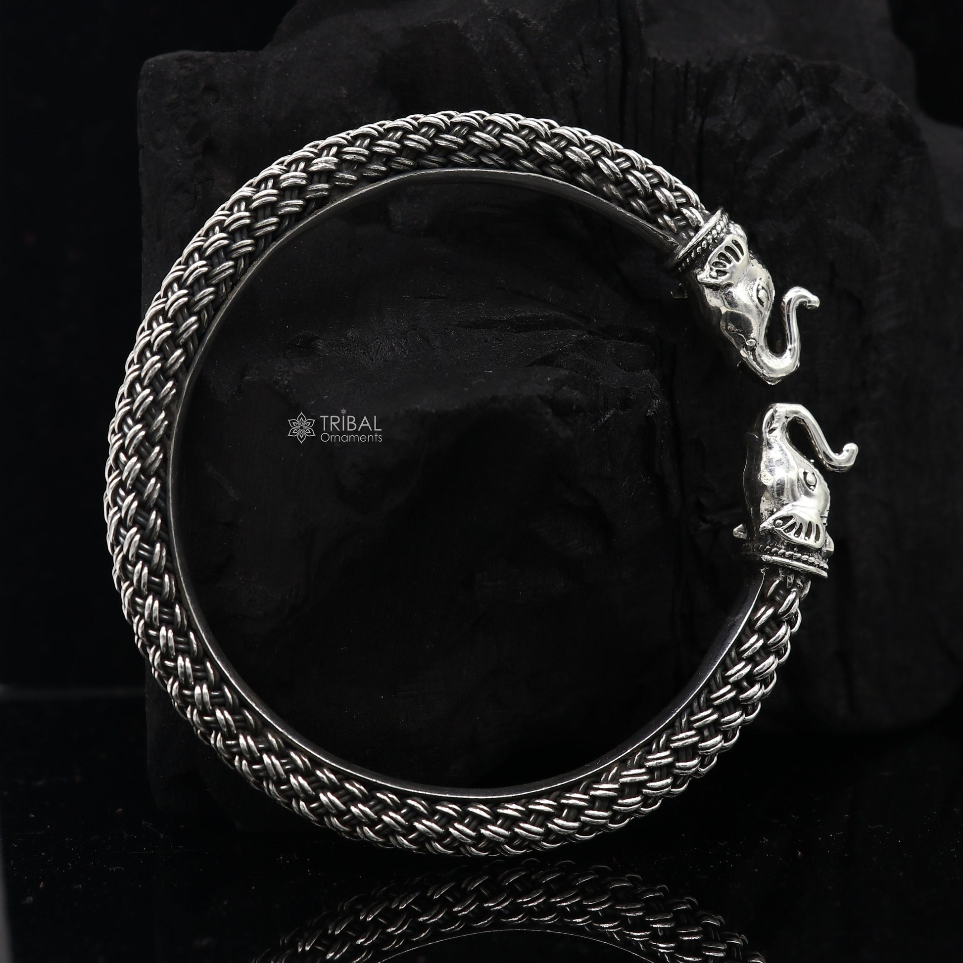 925 sterling silver traditional elephant design ethnic kada bracelet by Tribal Ornaments, featuring tribal-inspired tribal jewelry style.
