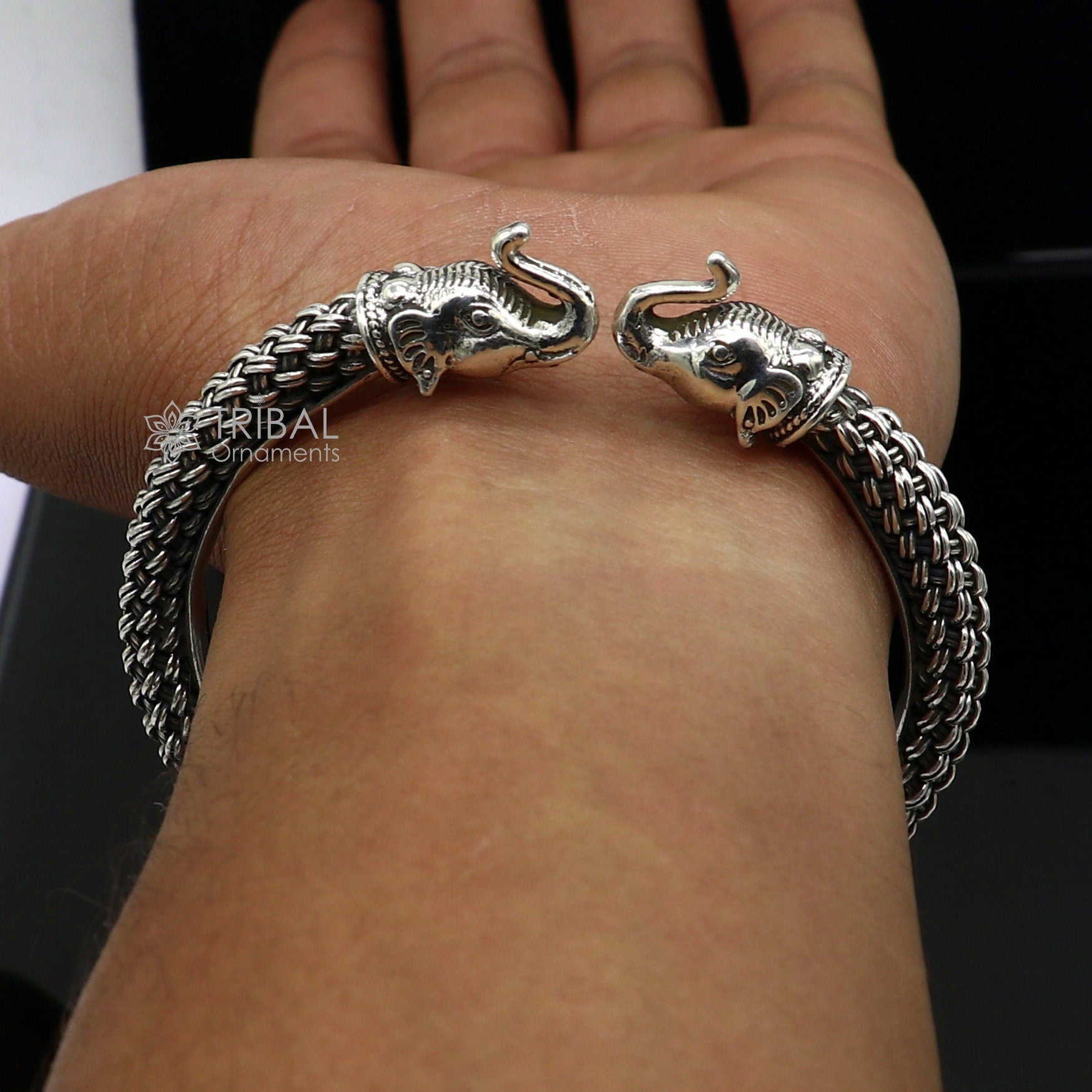 Sterling silver traditional elephant design tribal kada bracelet by Tribal Ornaments, ethnic jewelry bangle with intricate detailing.