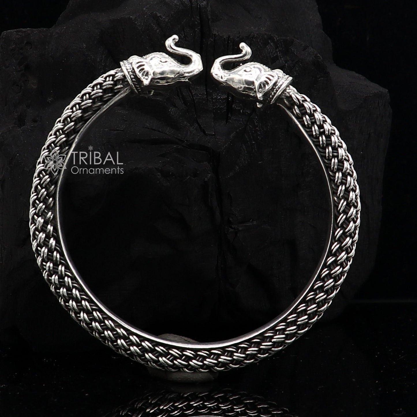 925 sterling silver traditional elephant design tribal kada bracelet, ethnic jewelry with intricate tribal patterns and trendy style