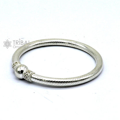 Sterling silver bangle bracelet with single ball design, handmade tribal ORNAMENTS jewelry, shiny, 2.4-inch kada bracelet.