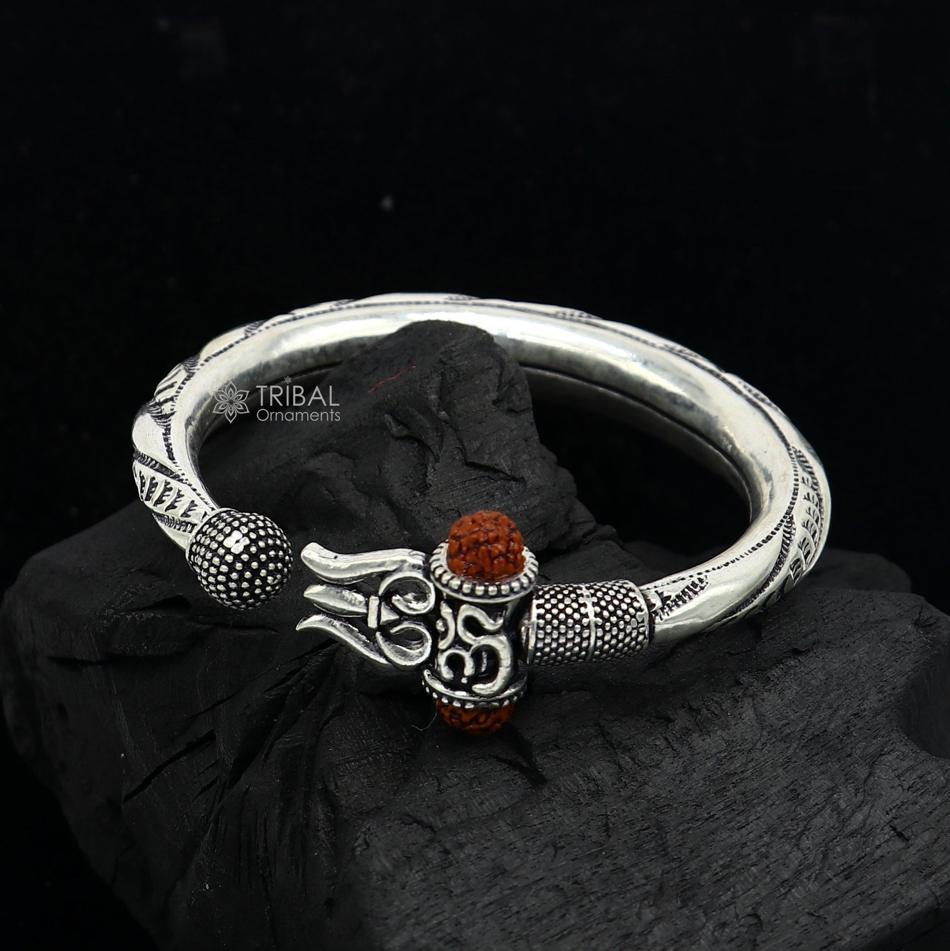 925 Sterling silver handmade plain shiny Lord Shiva trident trishul kada bangle bracelet with natural Rudraksha customized kada nsk785 - TRIBAL ORNAMENTS