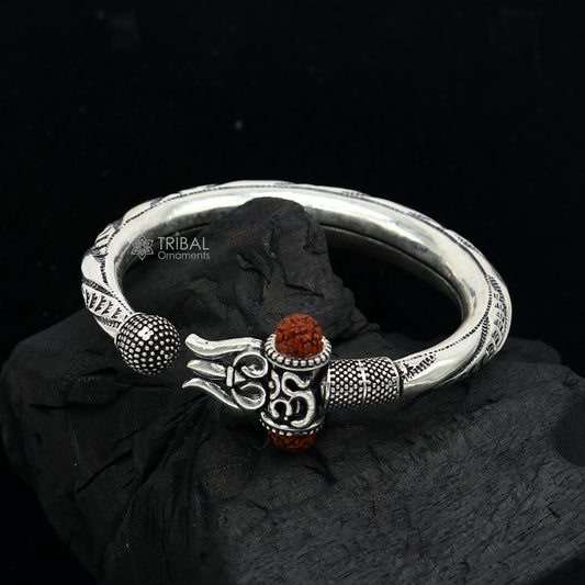 Sterling silver Lord Shiva trident trishul bangle bracelet with natural Rudraksha, handmade plain shiny design by TRIBAL ORNAMENTS