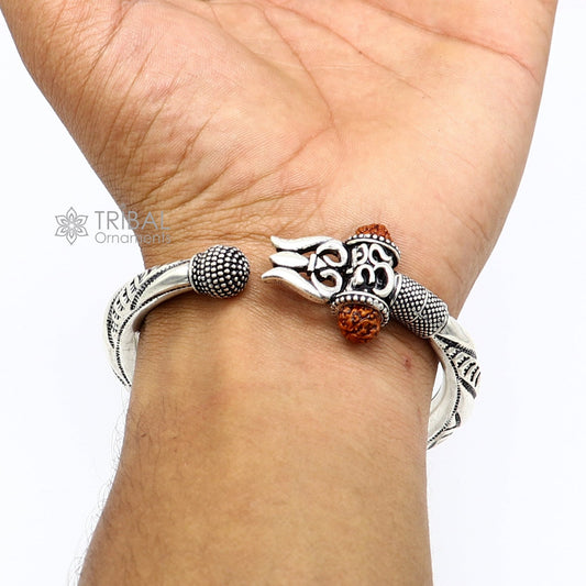 925 Sterling silver Lord Shiva Trishul bangle bracelet with natural Rudraksha, handcrafted shiny design, tribal ornaments jewelry.