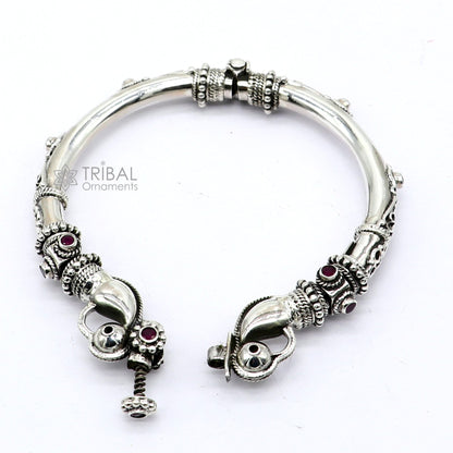 Vintage 925 sterling silver tribal bangle with peacock design and red stones, handmade ethnic jewelry bracelet for women.