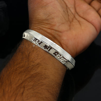 Handmade 999 pure silver men's kada bracelet featuring the Jai Shri Shyam mantra, daily divine jewelry by Tribal Ornaments.