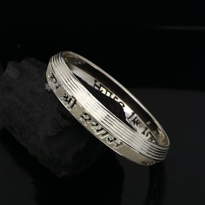 Handmade 999 pure silver men's kada bracelet featuring "Jai Shri Shyam" mantra, divine jewelry for daily wear by Tribal Ornaments.