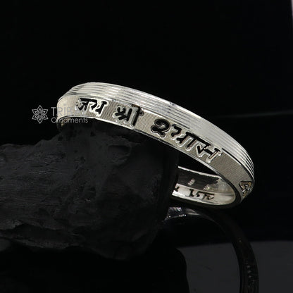 Handmade 999 pure silver men's kada bracelet with Jai Shri Shyam mantra, featuring intricate tribal design and divine spiritual details.
