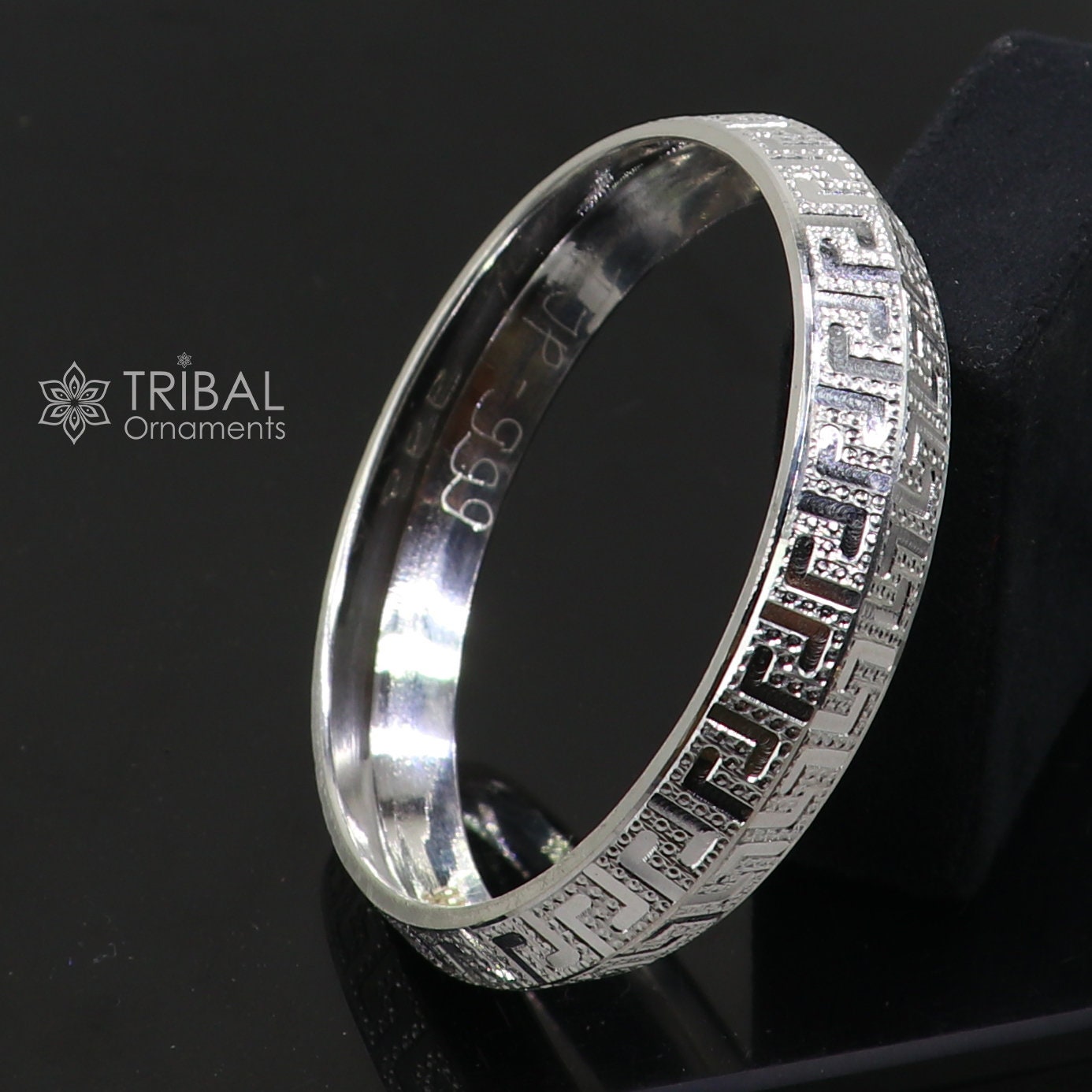 Vintage style silver bangle bracelet by TRIBAL ORNAMENTS, 999 pure solid silver tribal jewelry men's kada for gifting.