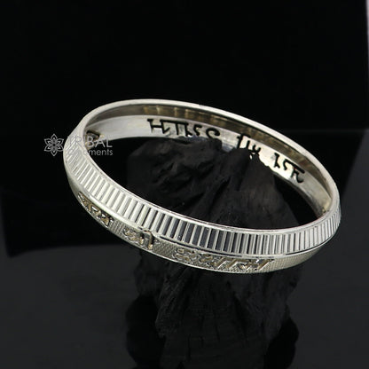 Handmade 999 silver men's kada bracelet featuring "Jai Shri Shyam" mantra, crafted by Tribal Ornaments for daily luxury wear.