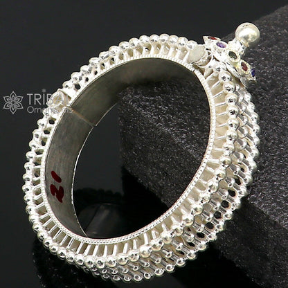 Indian traditional 925 sterling silver cuff bracelet with vintage tribal design, handmade brides bangle, trendy cultural jewelry.