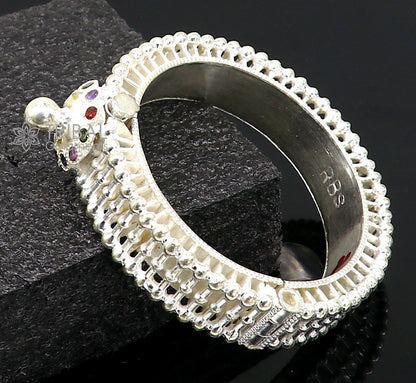 Indian traditional 925 sterling silver cuff Kada bracelet with vintage cultural design, handmade trendy bangle for brides and special occasions.