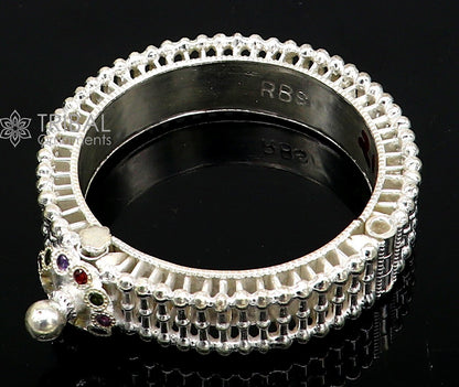 Indian traditional 925 sterling silver cuff kada bracelet with vintage cultural design, handmade tribal bangle for brides.