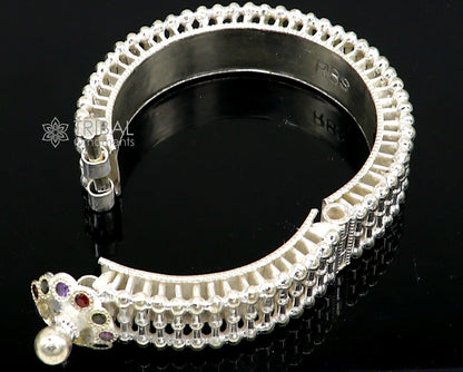Indian traditional 925 sterling silver cuff kada bracelet with vintage tribal design, handmade bridal bangle, trendy cultural jewelry.