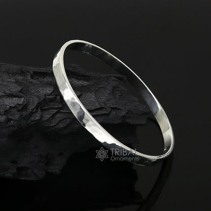 Solid 925 silver bangle bracelet with flat plain design, shiny and bright, modern fashion accessory for men or girls.