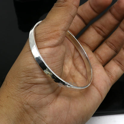 Solid 925 silver bangle bracelet with a flat, shiny, plain design, suitable for men or girls, modern trendy fashion jewelry.