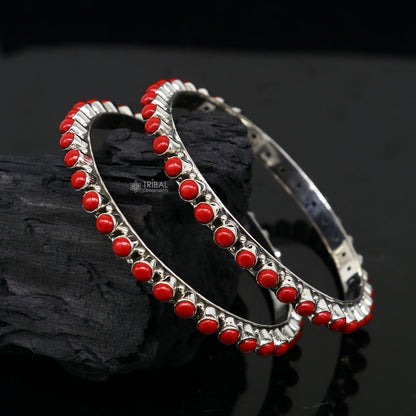 925 sterling silver coral stone bangle bracelet featuring intricate tribal design, unique functional jewelry by Tribal Ornaments.