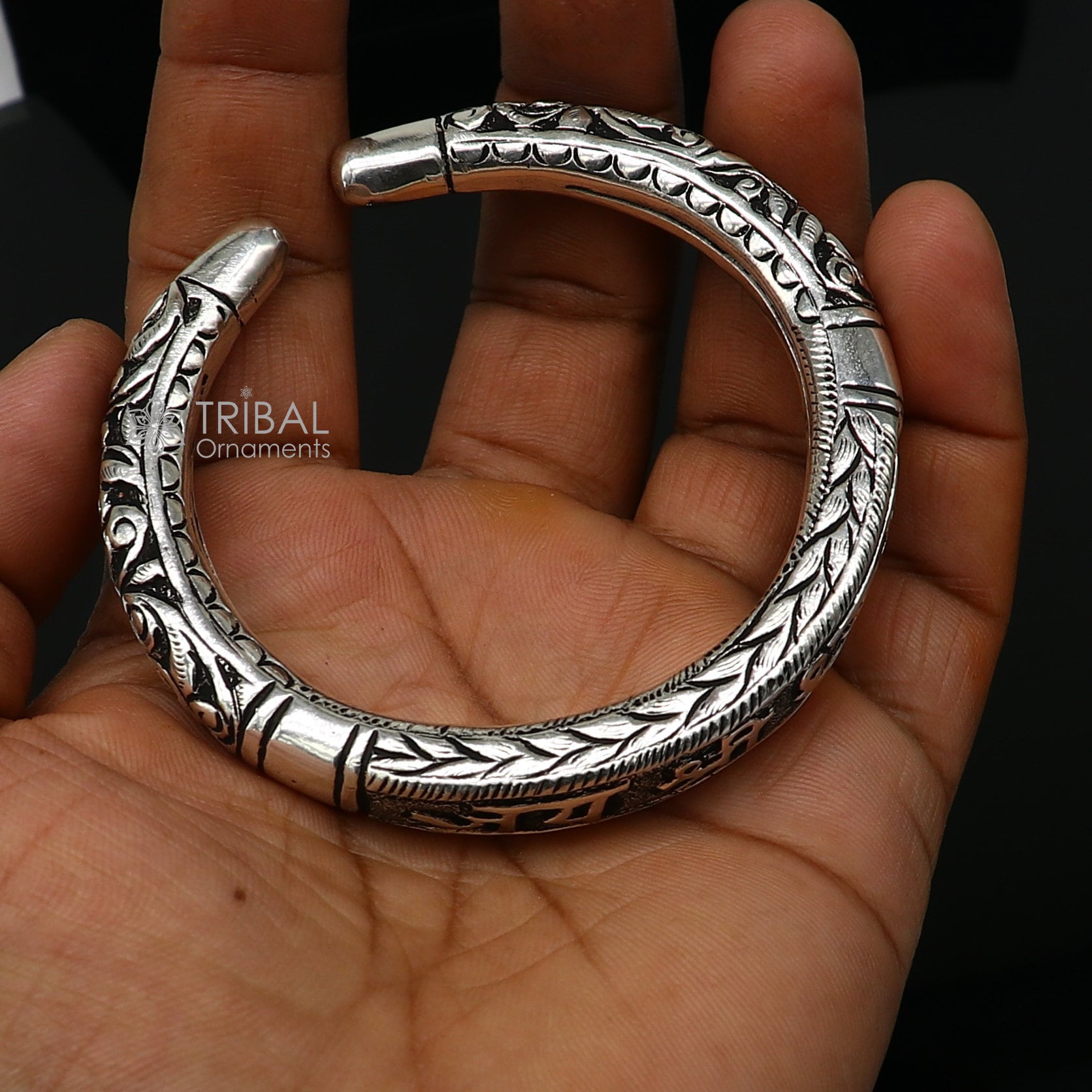 Divine lord krishna "jai shri shyam" matra handmade 925 sterling silver kada, best unisex bangle bracelet kada jewelry from india nsk710 - TRIBAL ORNAMENTS