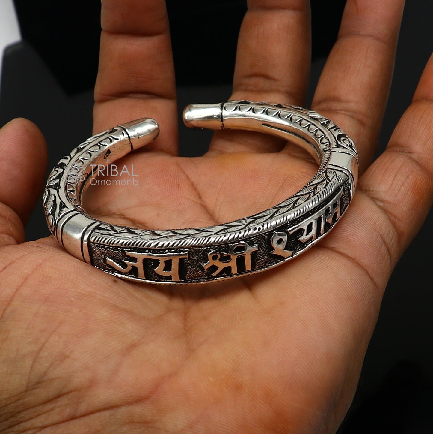 Divine lord krishna "jai shri shyam" matra handmade 925 sterling silver kada, best unisex bangle bracelet kada jewelry from india nsk710 - TRIBAL ORNAMENTS