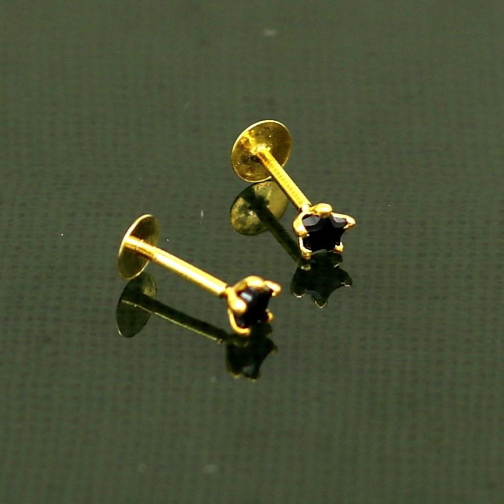 3mm or 3.5mm single black stone 18kt yellow gold handmade star shape fabulous screw back stud earring use as nose pin unisex jewelry er119 - TRIBAL ORNAMENTS