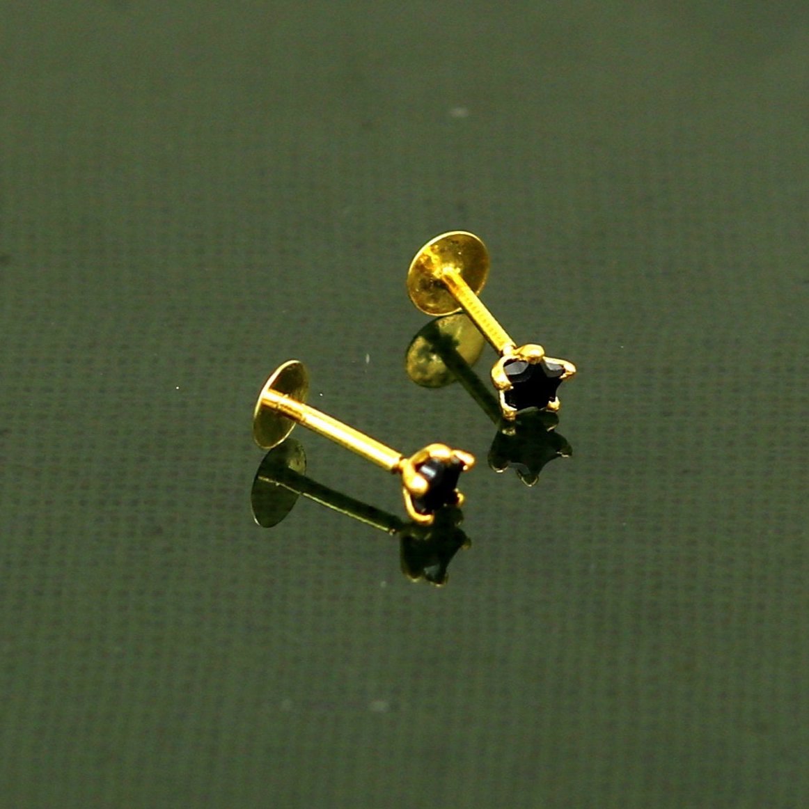 3mm or 3.5mm single black stone 18kt yellow gold handmade star shape fabulous screw back stud earring use as nose pin unisex jewelry er119 - TRIBAL ORNAMENTS