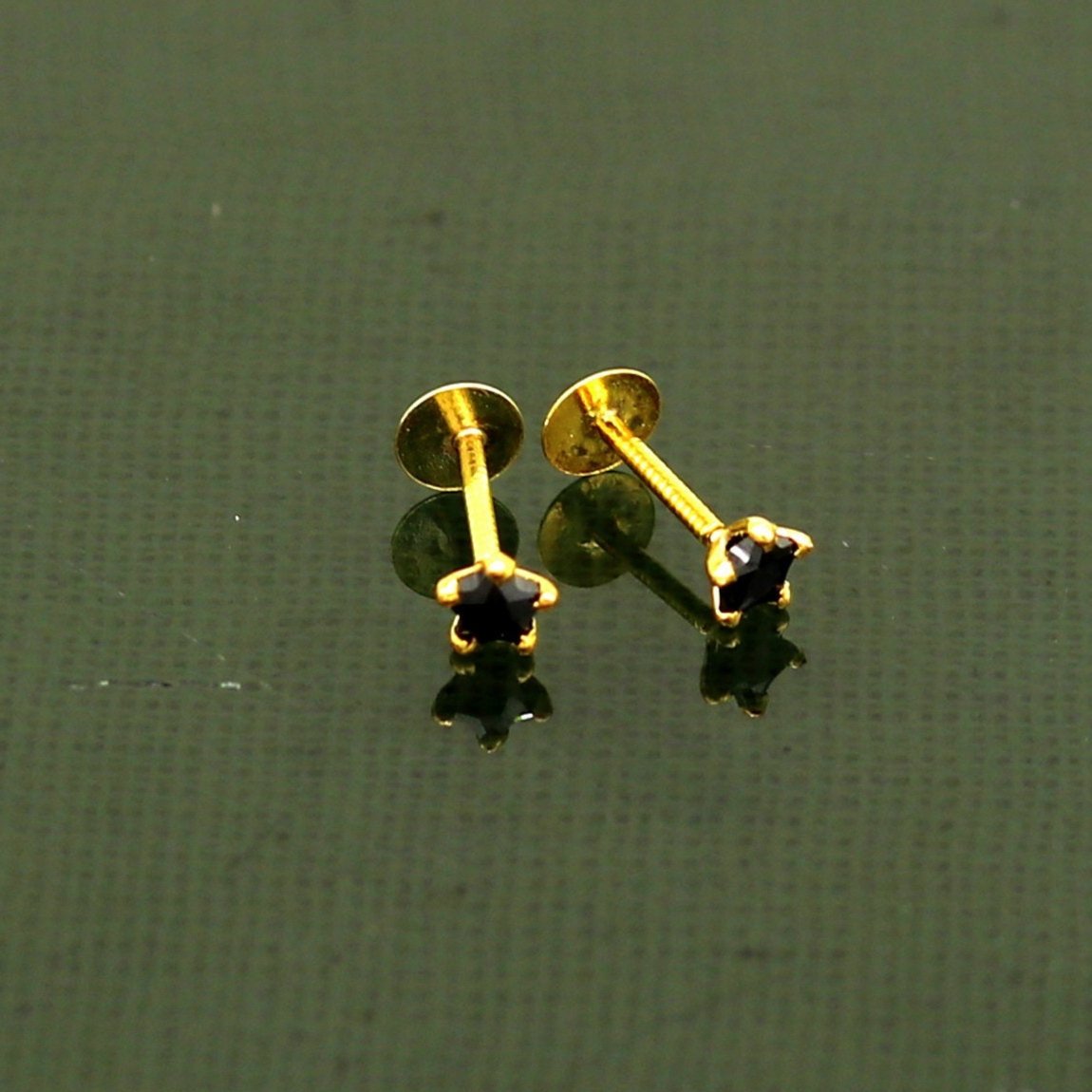 3mm or 3.5mm single black stone 18kt yellow gold handmade star shape fabulous screw back stud earring use as nose pin unisex jewelry er119 - TRIBAL ORNAMENTS