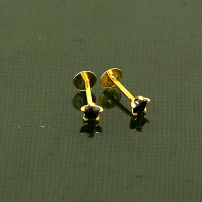 3mm or 3.5mm single black stone 18kt yellow gold handmade star shape fabulous screw back stud earring use as nose pin unisex jewelry er119 - TRIBAL ORNAMENTS