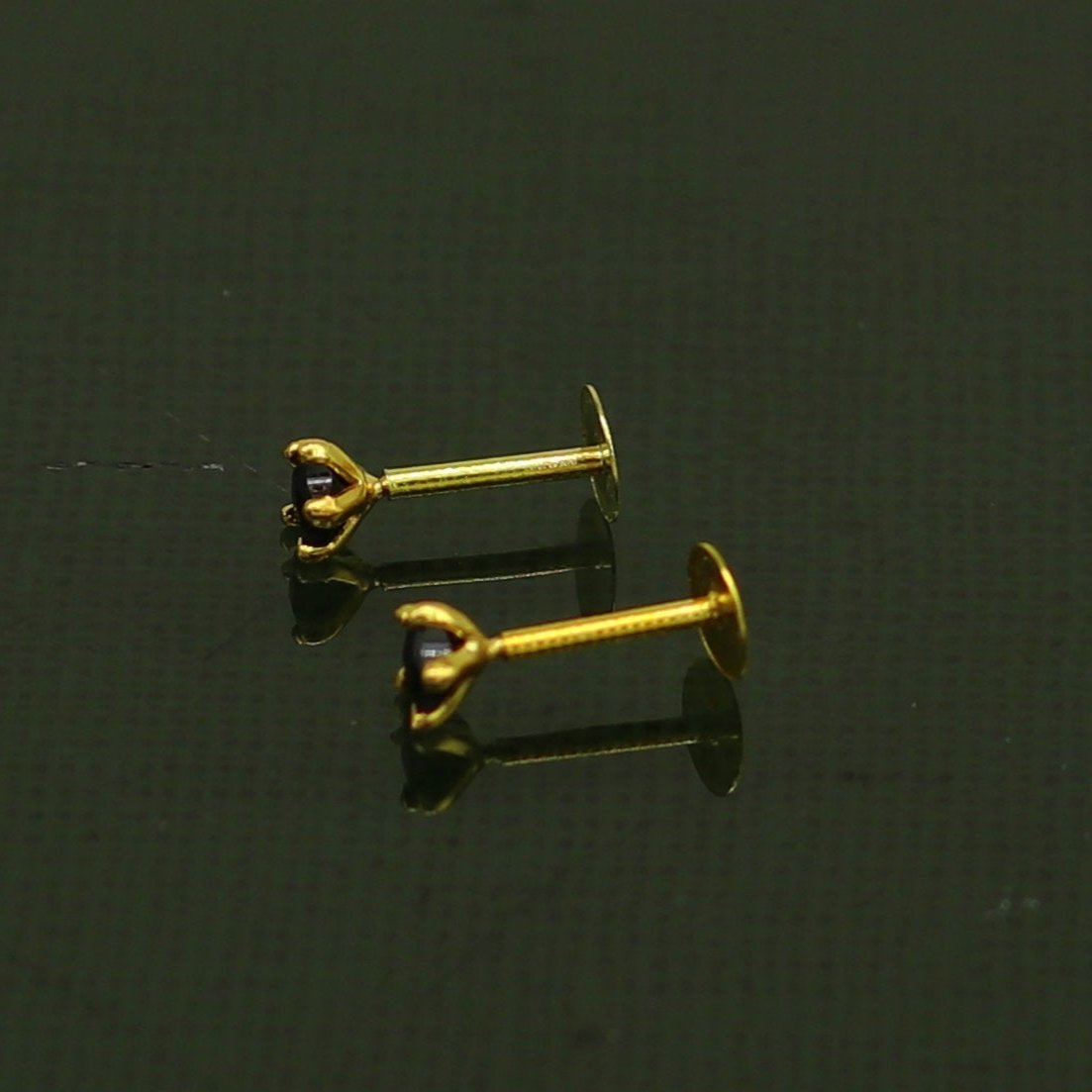 3mm or 3.5mm single black stone 18kt yellow gold handmade star shape fabulous screw back stud earring use as nose pin unisex jewelry er119 - TRIBAL ORNAMENTS
