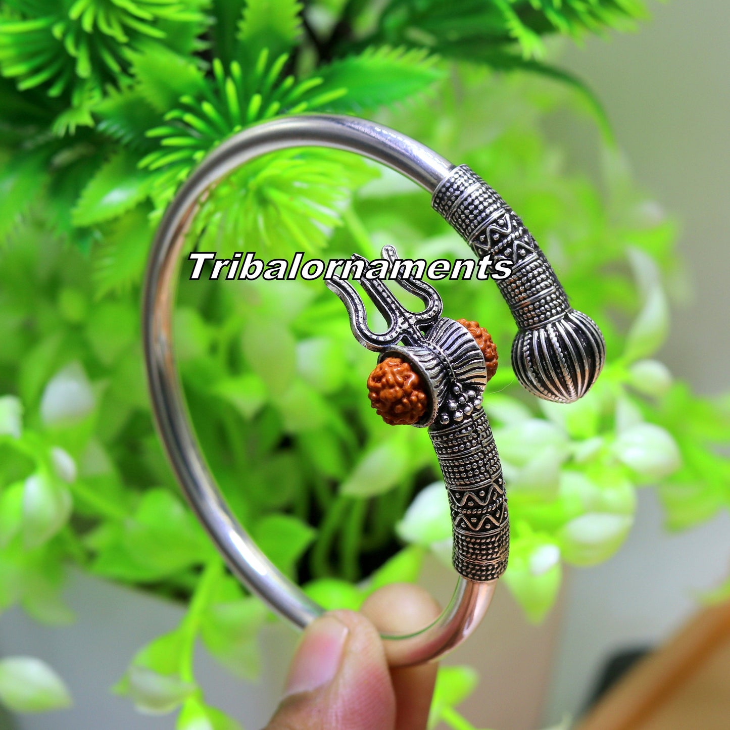 Rudraksha beads Handcrafted 925 sterling silver bangle bracelet kada excellent Lord shiva trident customized jewelry,gifting unisex nsk241 - TRIBAL ORNAMENTS