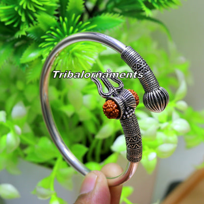 Unisex 925 sterling silver Lord Shiva trident bangle with Rudraksha beads, handcrafted tribal jewelry cuff bracelet.
