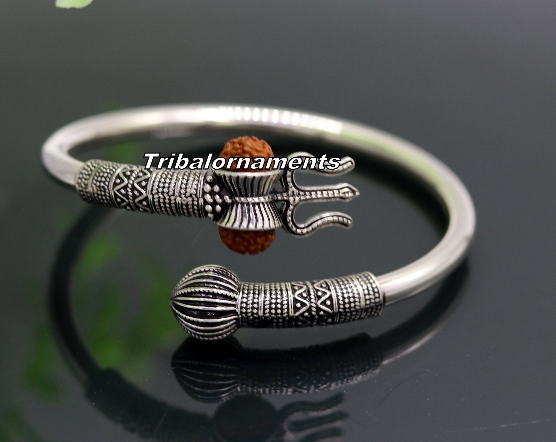 Rudraksha beads Handcrafted 925 sterling silver bangle bracelet kada excellent Lord shiva trident customized jewelry,gifting unisex nsk241 - TRIBAL ORNAMENTS