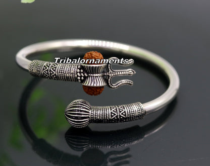 Handcrafted 925 sterling silver Lord Shiva trident and Rudraksha bead bangle cuff, unisex tribal jewelry by TRIBAL ORNAMENTS.